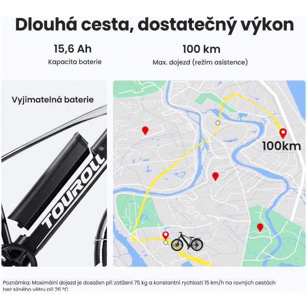 Detail vyberateľnej batérie Touroll s údajom 15,6 Ah a dojazdom 100 km
